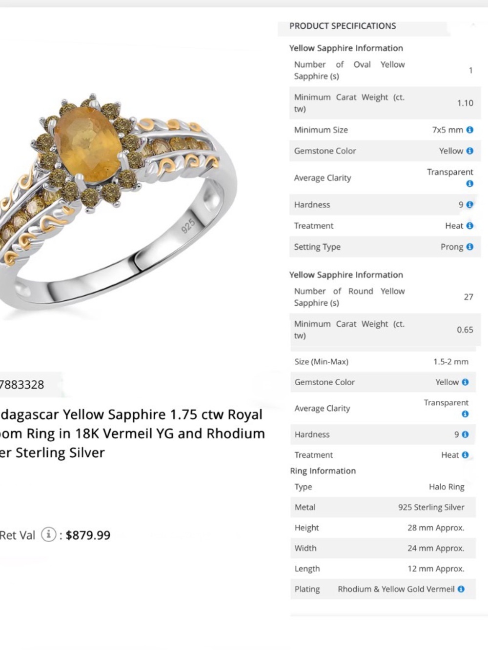Yellow Sapphire Halo Ring in Vermeil and Rhodium Sterling Silver